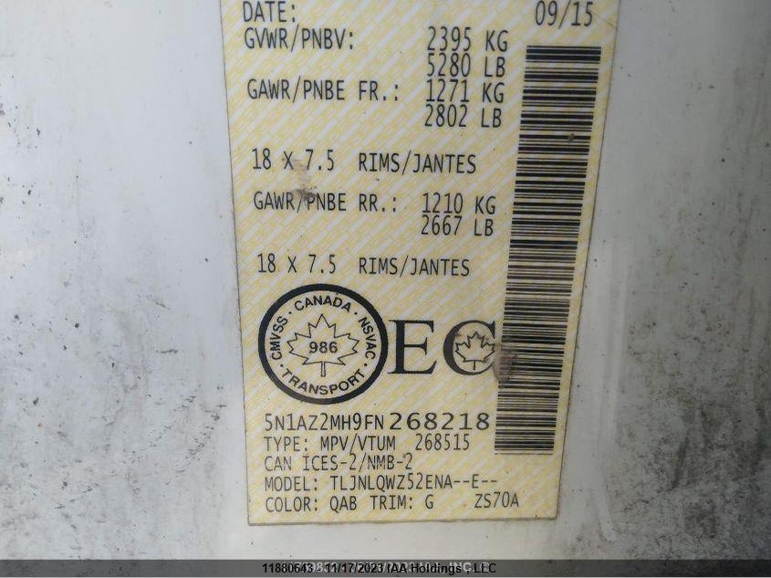 2015 Nissan Murano S/Sl/Sv/Platinum VIN: 5N1AZ2MH9FN268218 Lot: 11880643