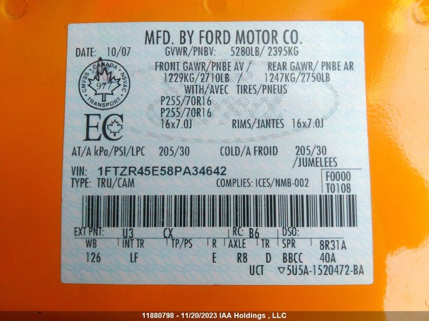 2008 Ford Ranger Xl/Sport/Xlt/Fx4/Off-Rd VIN: 1FTZR45E58PA34642 Lot: 11880798