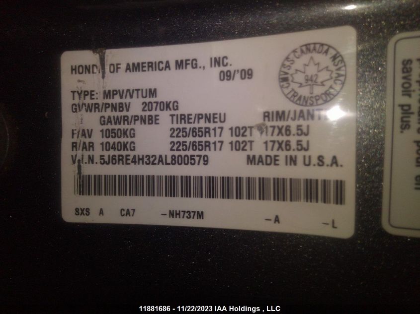 2010 Honda Cr-V VIN: 5J6RE4H32AL800579 Lot: 11881686