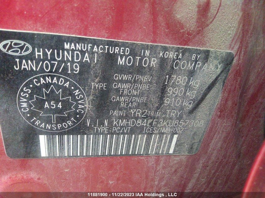 2019 Hyundai Elantra Preferred VIN: KMHD84LF3KU857308 Lot: 11881900