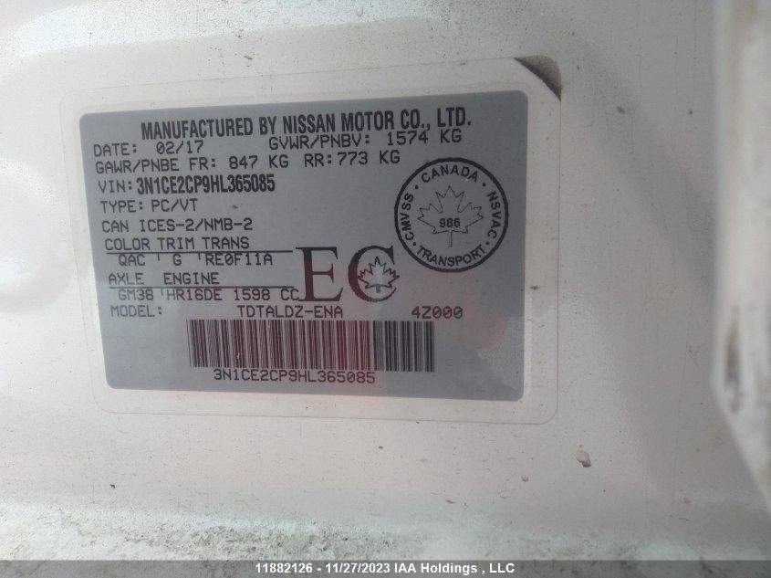 2017 Nissan Versa Note S/Sv/Sr/Sl VIN: 3N1CE2CP9HL365085 Lot: 11882126