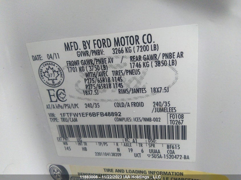 2011 Ford F150 Supercrew VIN: 1FTFW1EF6BFB48892 Lot: 11883008