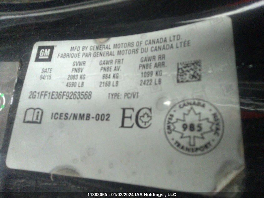 2015 Chevrolet Camaro Lt VIN: 2G1FF1E36F9263568 Lot: 11883065