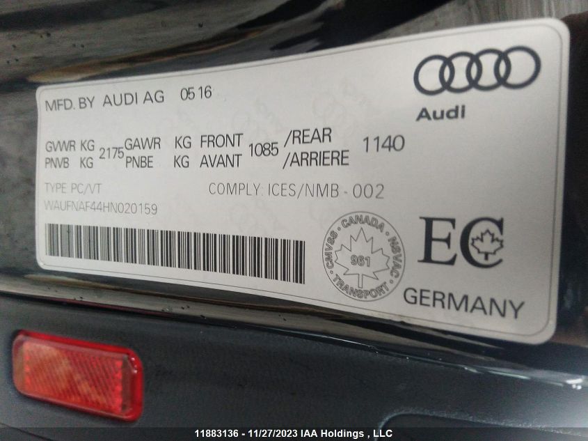 2017 Audi A4 VIN: WAUFNAF44HN020159 Lot: 11883136