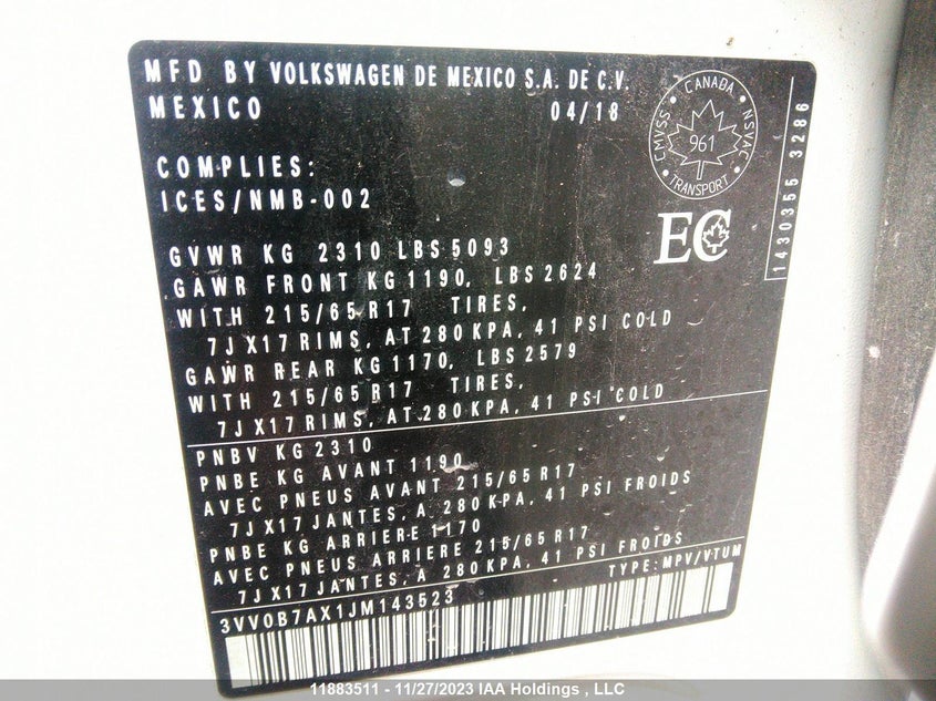 2018 Volkswagen Tiguan Trendline VIN: 3VV0B7AX1JM143523 Lot: 11883511