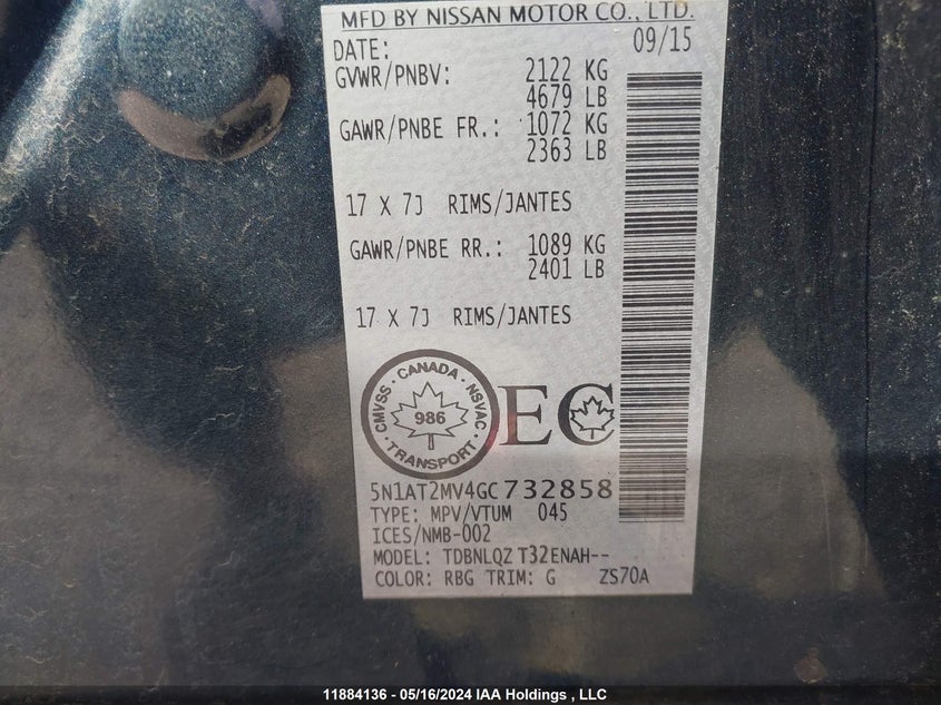 2016 Nissan Rogue VIN: 5N1AT2MV4GC732858 Lot: 11884136