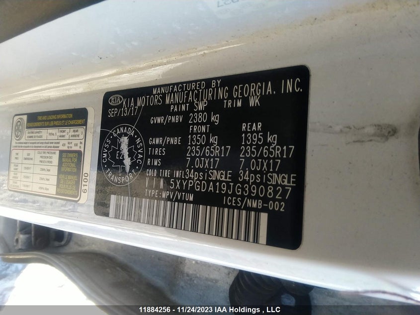 2018 Kia Sorento Lx Turbo VIN: 5XYPGDA19JG390827 Lot: 11884256