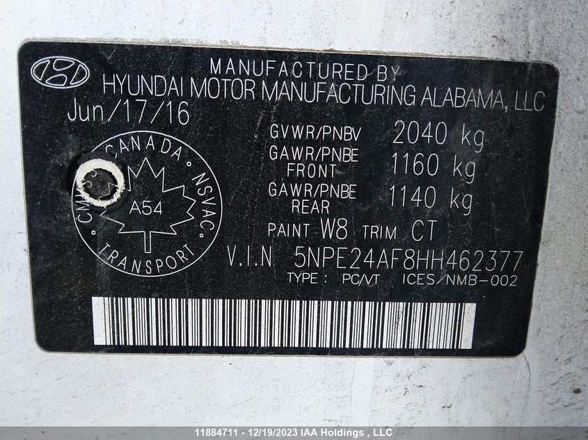 Image 9 of 2017 Hyundai Sonata  salvage vehicle - Lot #11884711 at IAAI