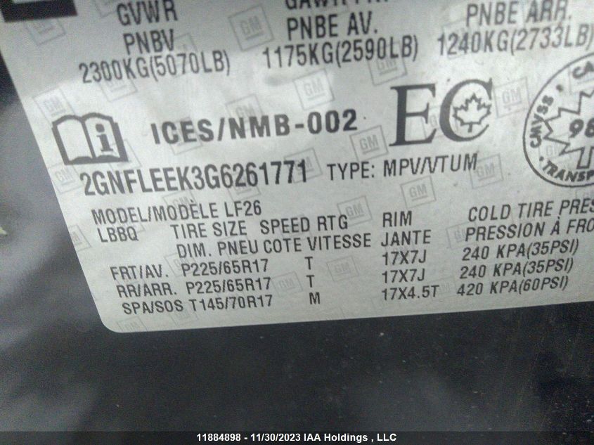 2016 Chevrolet Equinox Ls VIN: 2GNFLEEK3G6261771 Lot: 11884898