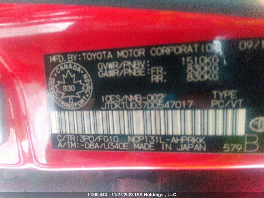 2013 Toyota Yaris VIN: JTDKTUD37DD547017 Lot: 11885443