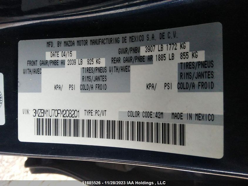 2015 Mazda Mazda3 Gx VIN: 3MZBM1U70FM208201 Lot: 11885526