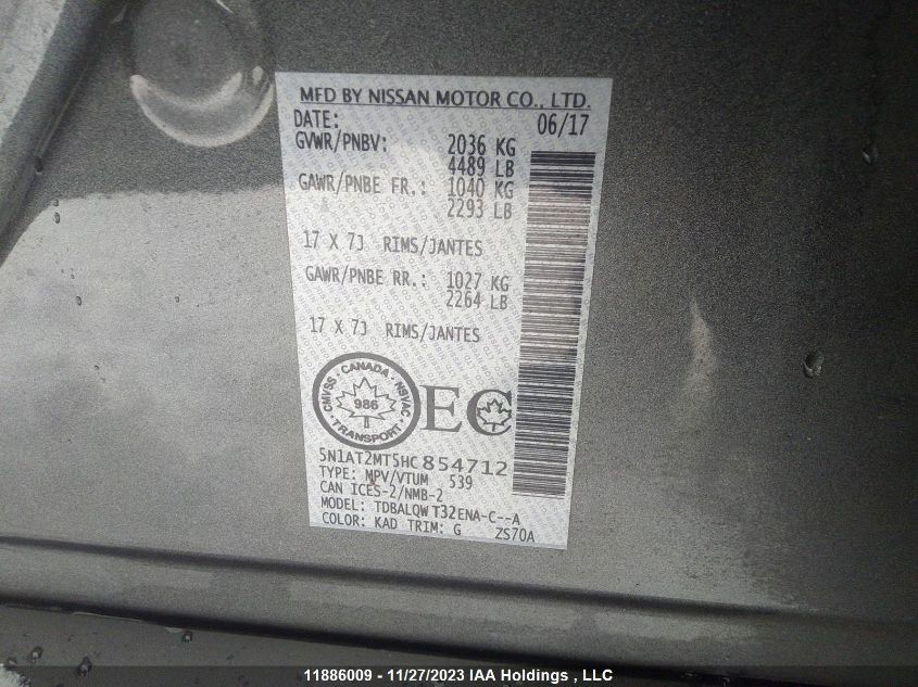 2017 Nissan Rogue VIN: 5N1AT2MT5HC854712 Lot: 11886009