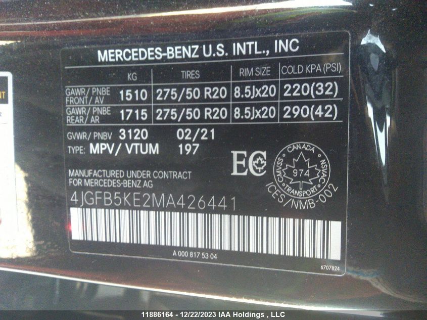 2021 Mercedes-Benz Gle Gle 450 VIN: 4JGFB5KE2MA426441 Lot: 11886164