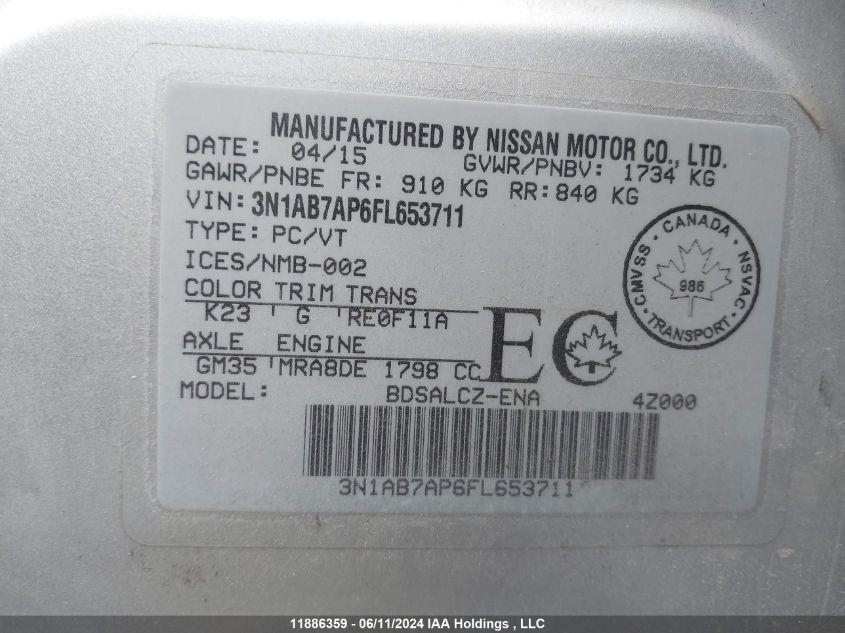 2015 Nissan Sentra VIN: 3N1AB7AP6FL653711 Lot: 11886359