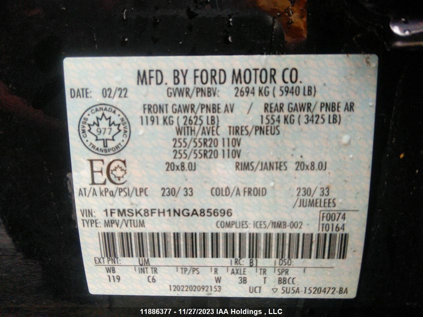 2022 Ford Explorer Limited VIN: 1FMSK8FH1NGA85696 Lot: 11886377