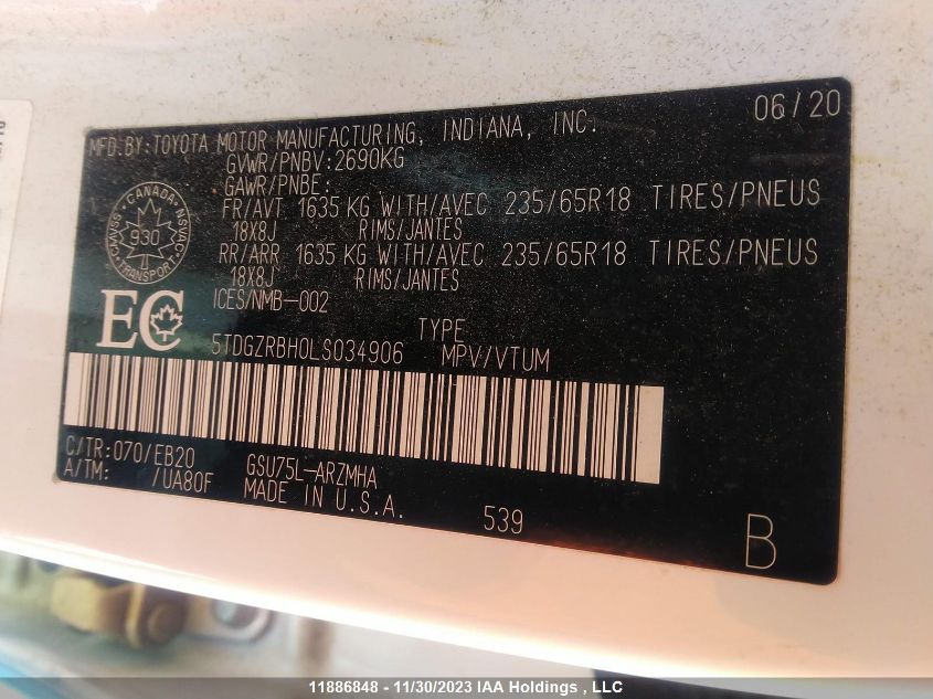 2020 Toyota Highlander Xle VIN: 5TDGZRBH0LS034906 Lot: 11886848