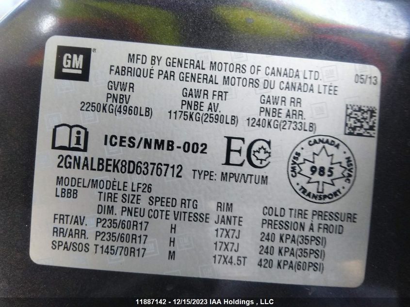 2013 Chevrolet Equinox Ls VIN: 2GNALBEK8D6376712 Lot: 11887142