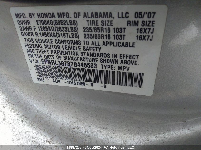 2007 Honda Odyssey Ex-L VIN: 5FNRL38787B448533 Lot: 11887233