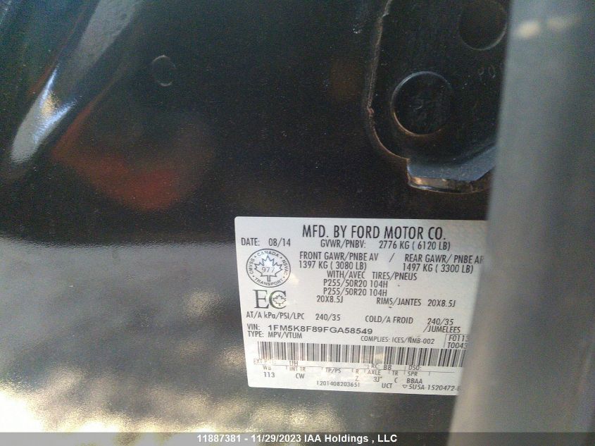 2015 Ford Explorer Limited VIN: 1FM5K8F89FGA58549 Lot: 11887381