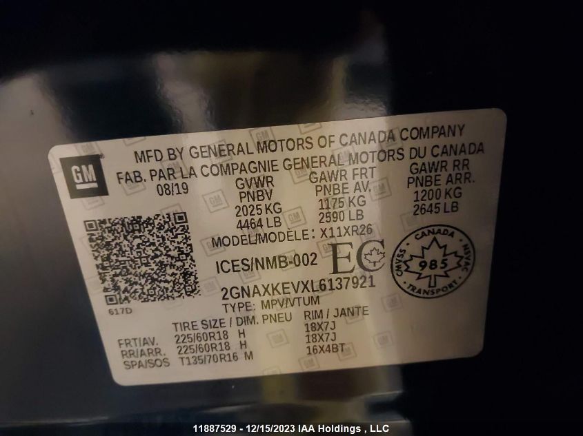 2020 Chevrolet Equinox Lt VIN: 2GNAXKEVXL6137921 Lot: 11887529