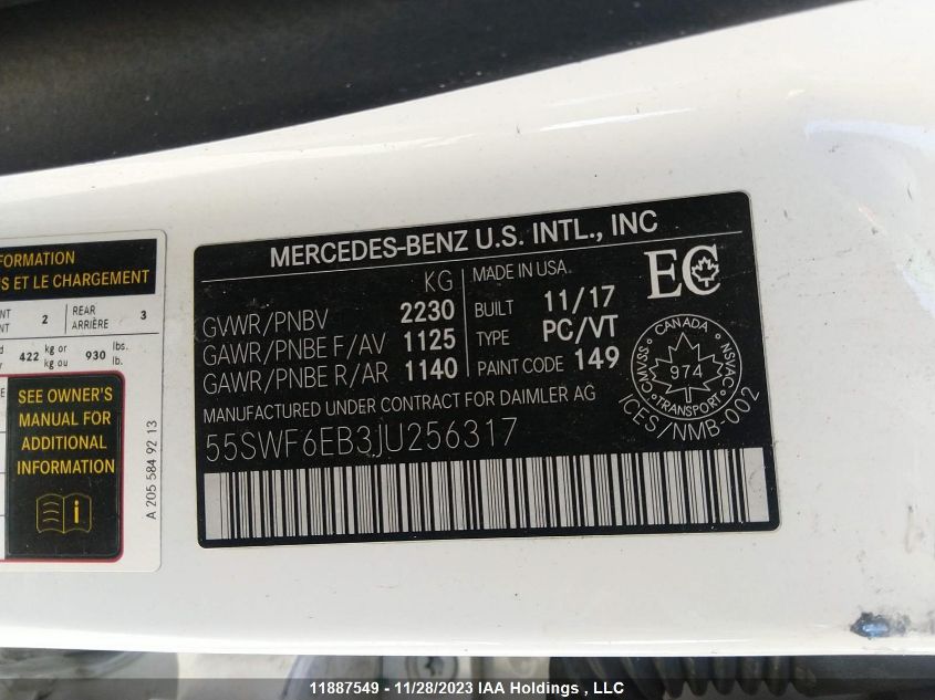 2018 Mercedes-Benz C 43 4Mati Amg VIN: 55SWF6EB3JU256317 Lot: 11887549