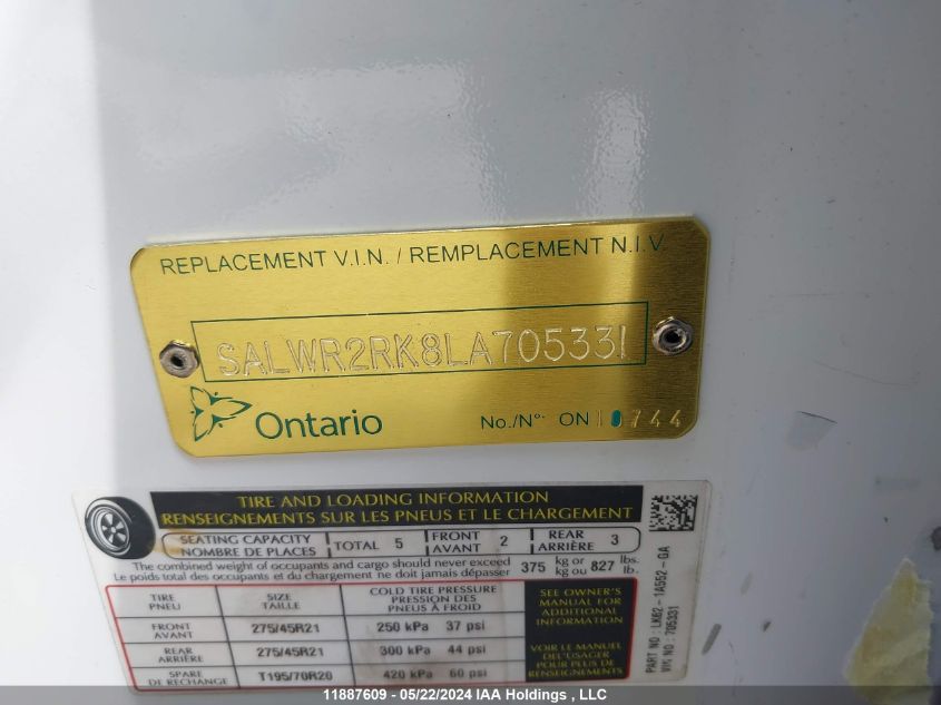 2020 Land Rover Range Rover Sport Hse VIN: SALWR2RK8LA705331 Lot: 11887609