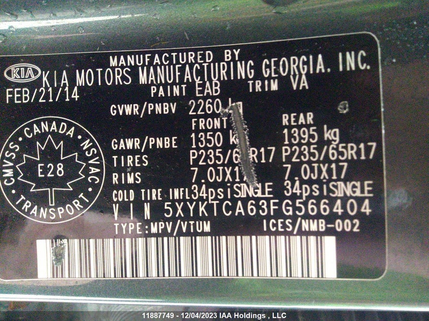 2015 Kia Sorento Lx VIN: 5XYKTCA63FG566404 Lot: 11887749