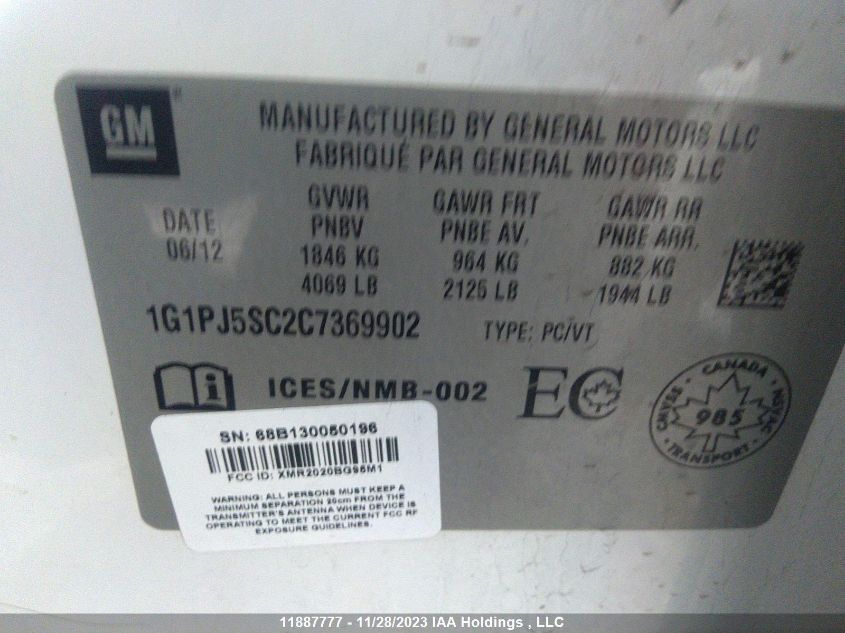 2012 Chevrolet Cruze VIN: 1G1PJ5SC2C7369902 Lot: 11887777