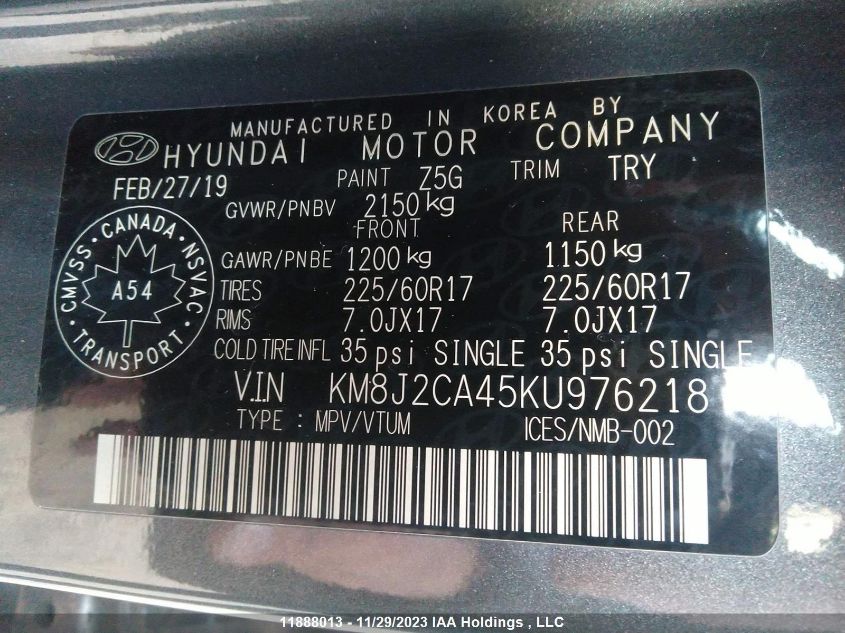 2019 Hyundai Tucson VIN: KM8J2CA45KU976218 Lot: 11888013