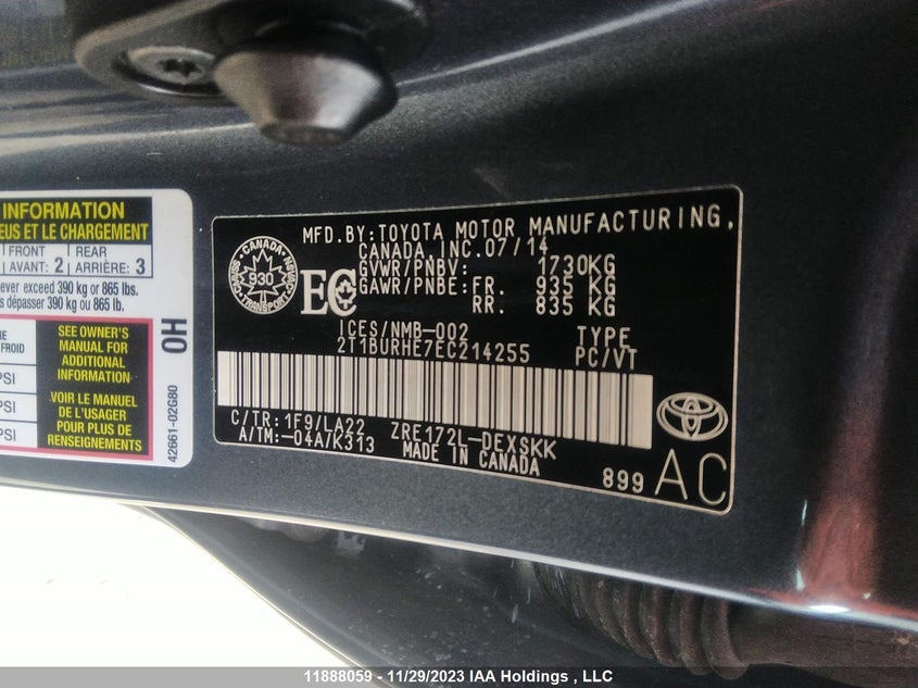 2014 Toyota Corolla Ce/S/Le VIN: 2T1BURHE7EC214255 Lot: 11888059