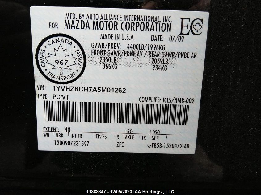 2010 Mazda Mazda6 Gt VIN: 1YVHZ8CH7A5M01262 Lot: 11888347