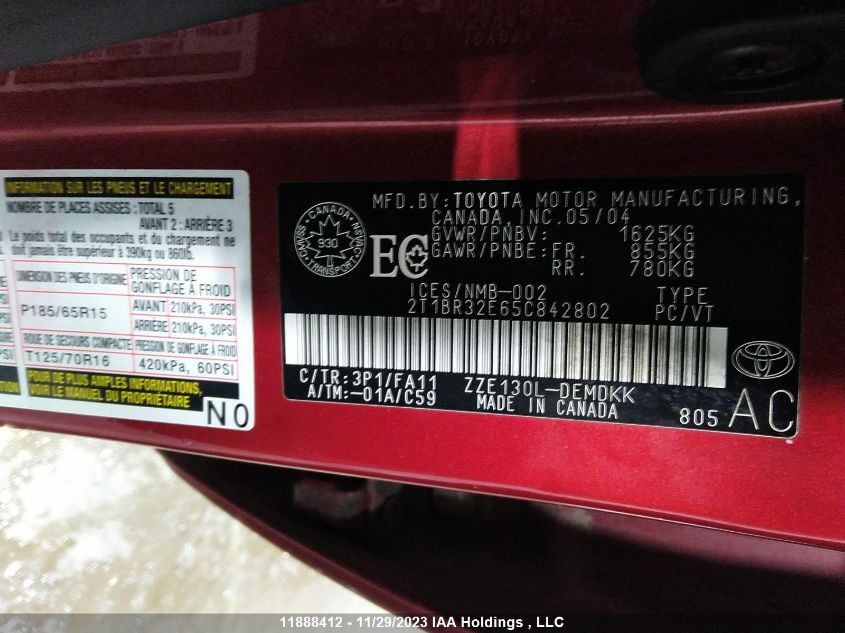 2005 Toyota Corolla Ce/Le/Sport VIN: 2T1BR32E65C842802 Lot: 11888412