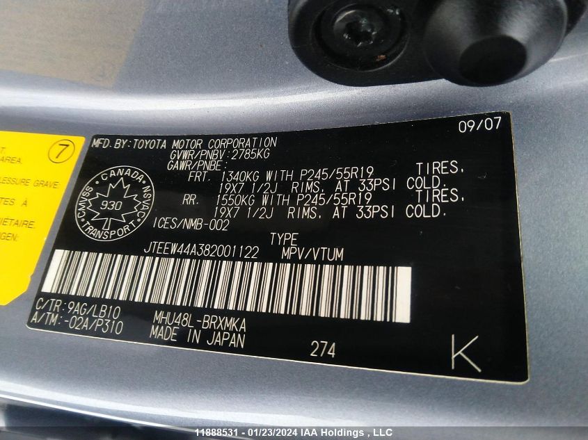 2008 Toyota Highlander Hybrid Limited VIN: JTEEW44A382001122 Lot: 11888531