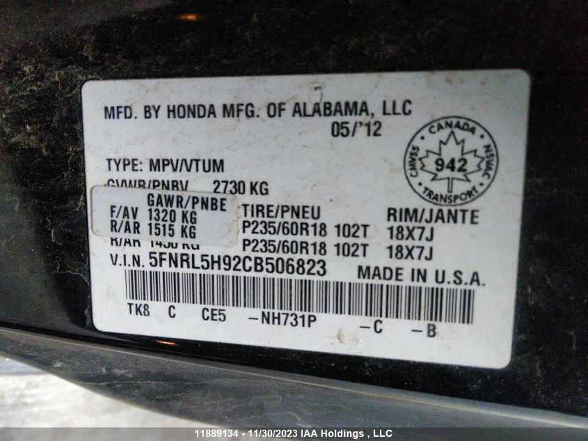 2012 Honda Odyssey Touring/Touring Elite VIN: 5FNRL5H92CB506823 Lot: 11889134