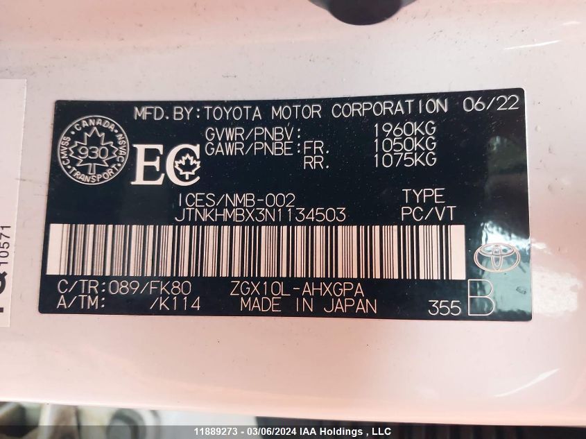 2022 Toyota C-Hr Xle/Night Shade/Limited VIN: JTNKHMBX3N1134503 Lot: 11889273