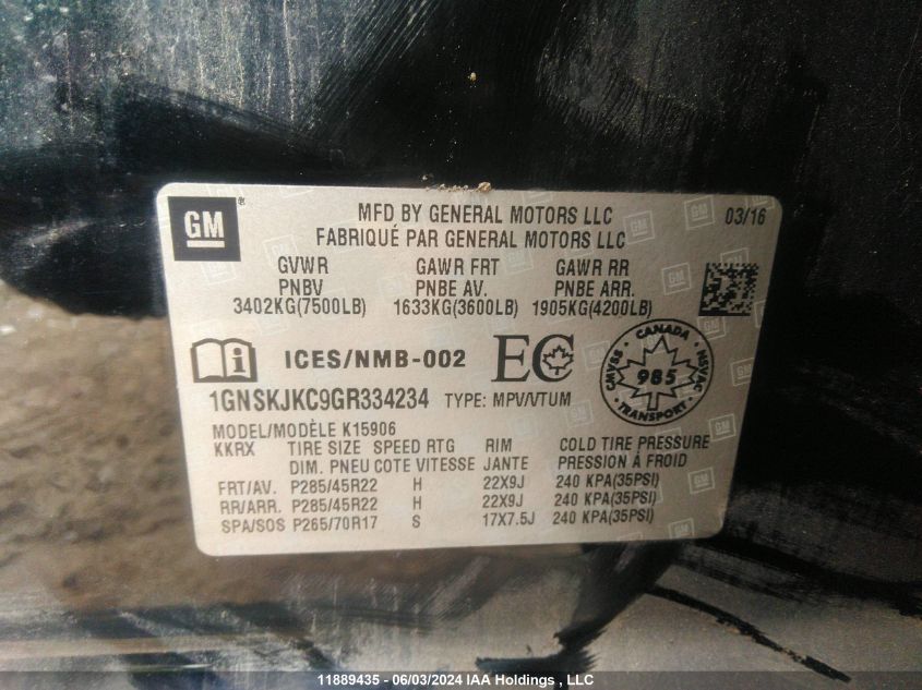 2016 Chevrolet Suburban Ltz VIN: 1GNSKJKC9GR334234 Lot: 11889435