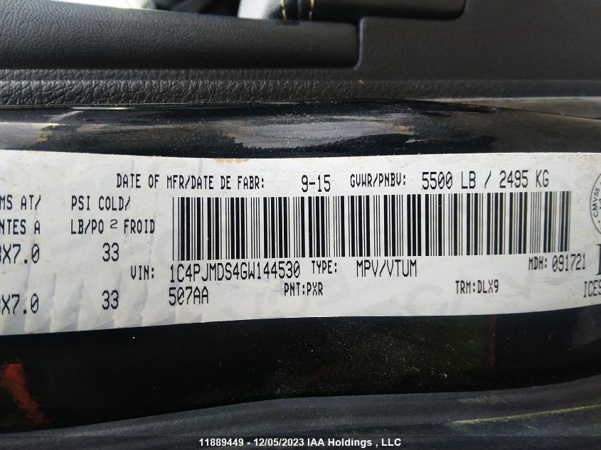 2016 Jeep Cherokee Limited VIN: 1C4PJMDS4GW144530 Lot: 11889449