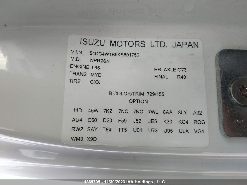 2019 Isuzu Npr VIN: 54DC4W1B5KS801756 Lot: 11889705