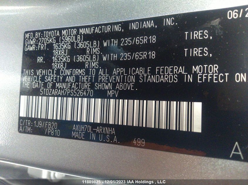 2023 Toyota Highlander Hybrid Le VIN: 5TDZARAH7PS526470 Lot: 11889825