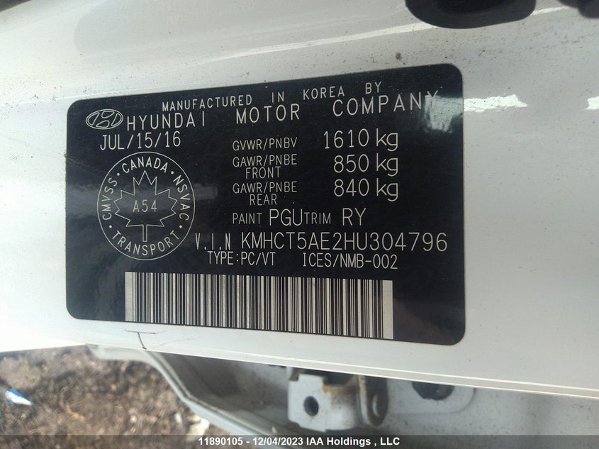 2017 Hyundai Accent Se VIN: KMHCT5AE2HU304796 Lot: 11890105