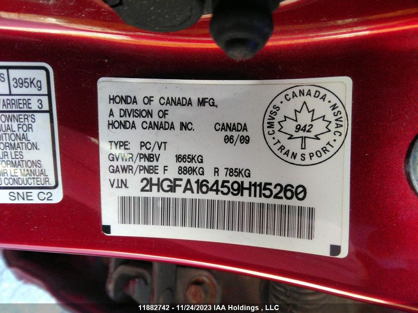 2009 Honda Civic Sdn Dx-G VIN: 2HGFA16459H115260 Lot: 11882742X