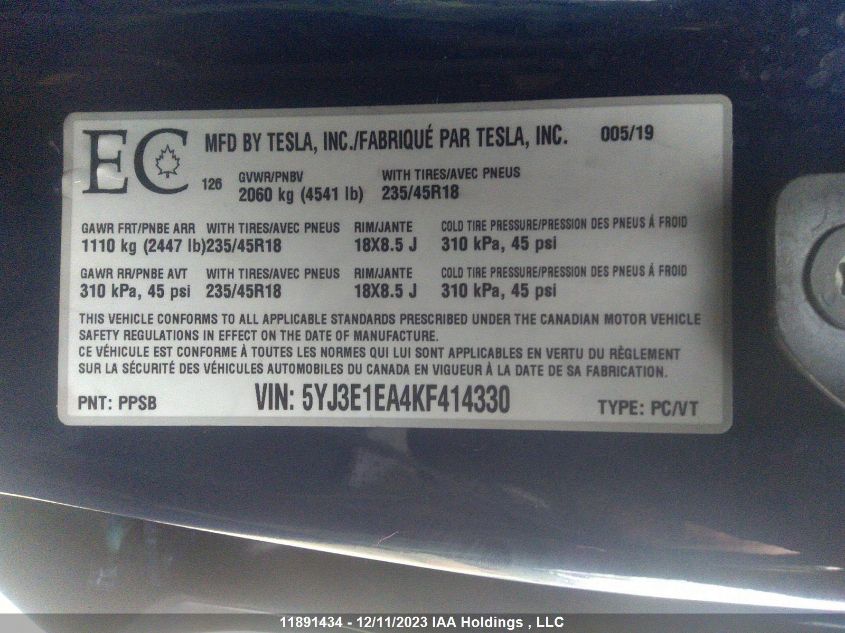 2019 Tesla Model 3 Range VIN: 5YJ3E1EA4KF414330 Lot: 11891434