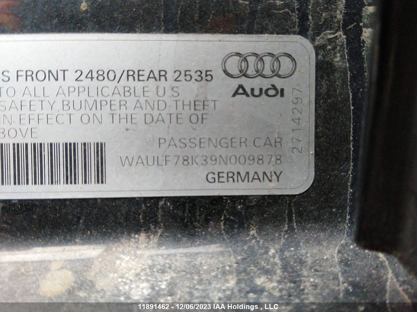 2009 Audi A4 VIN: WAULF78K39N009878 Lot: 11891462