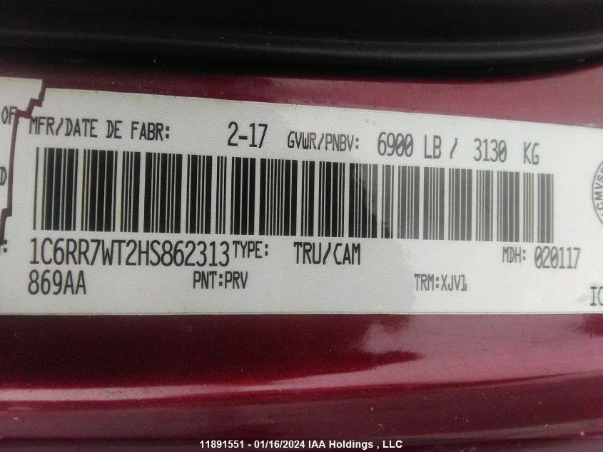 2017 Ram 1500 Longhorn VIN: 1C6RR7WTXHS665213 Lot: 11891551