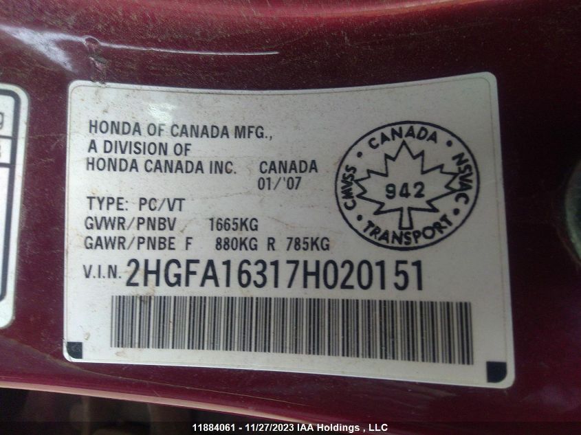 2007 Honda Civic Sdn Dx-G VIN: 2HGFA16317H020151 Lot: 11884061X