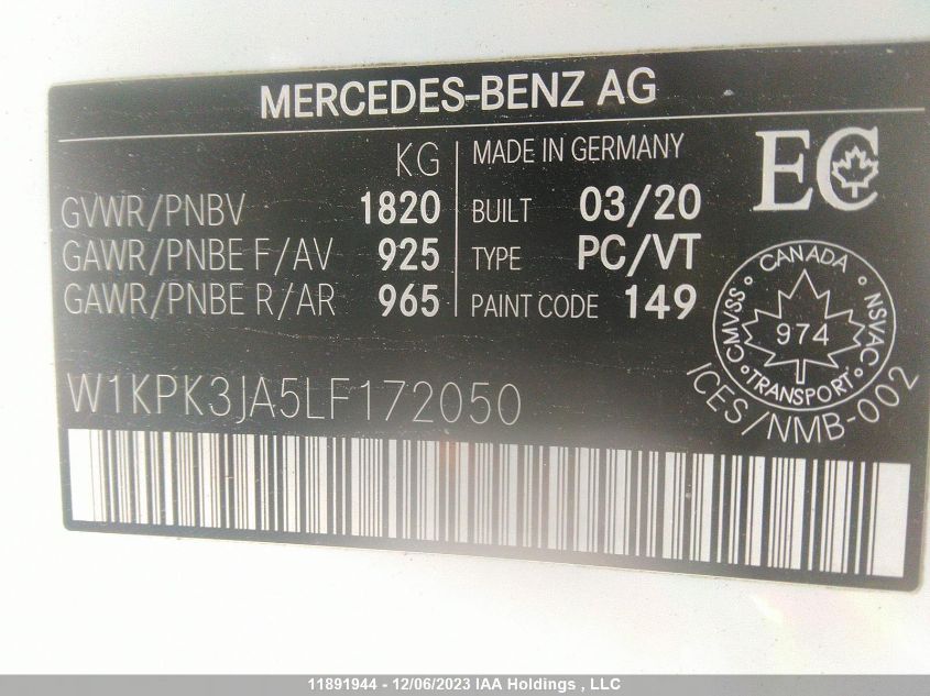 2020 Mercedes-Benz Slc Slc 300 VIN: W1KPK3JA5LF172050 Lot: 11891944