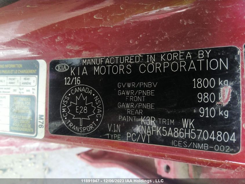 2017 Kia Forte 5-Door Lx+/Ex/Ex Luxury VIN: KNAFK5A86H5704804 Lot: 11891947