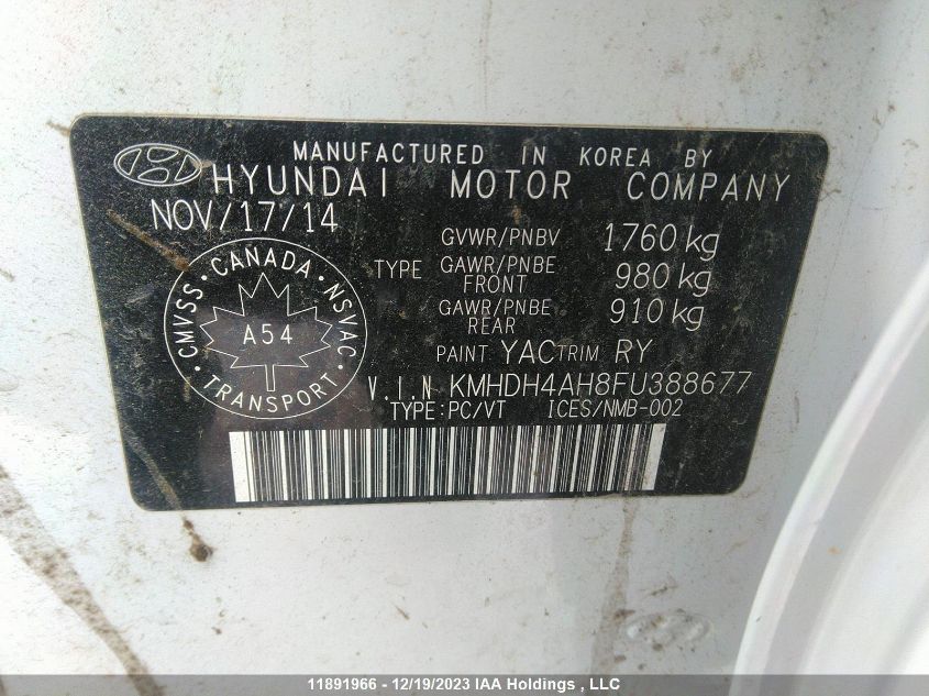 2015 Hyundai Elantra Gls VIN: KMHDH4AH8FU388677 Lot: 11891966