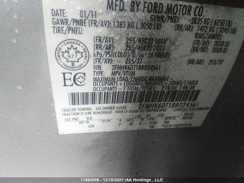 2011 Ford Flex Limited VIN: 2FMHK6DT1BBD24561 Lot: 11892009