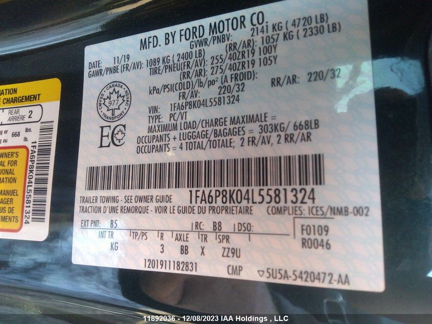 2020 Ford Mustang Bullitt VIN: 1FA6P8K04L5581324 Lot: 11892036